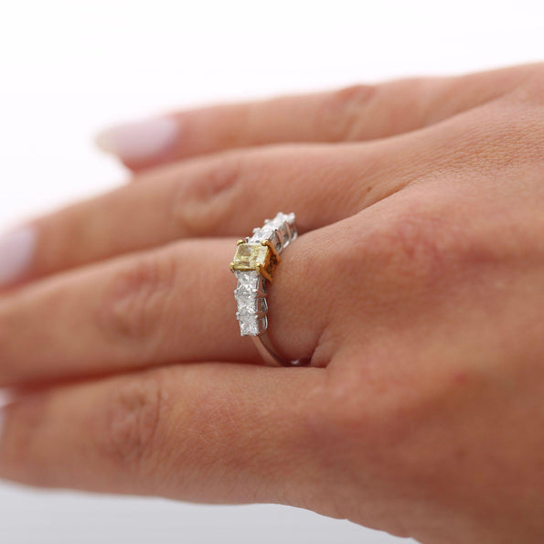 1.41 Carat Fancy Yellow Radiant & White Princess Diamond Illusion Band Ring