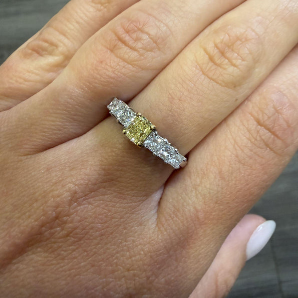 1.41 Carat Fancy Yellow Radiant & White Princess Diamond Illusion Band Ring
