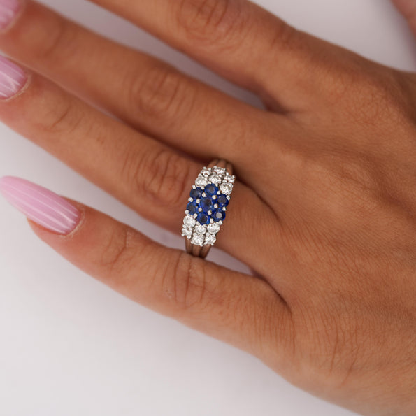 1.46 Carat Blue Sapphire & Diamond Platinum 3 Row Floral Cluster Band Ring