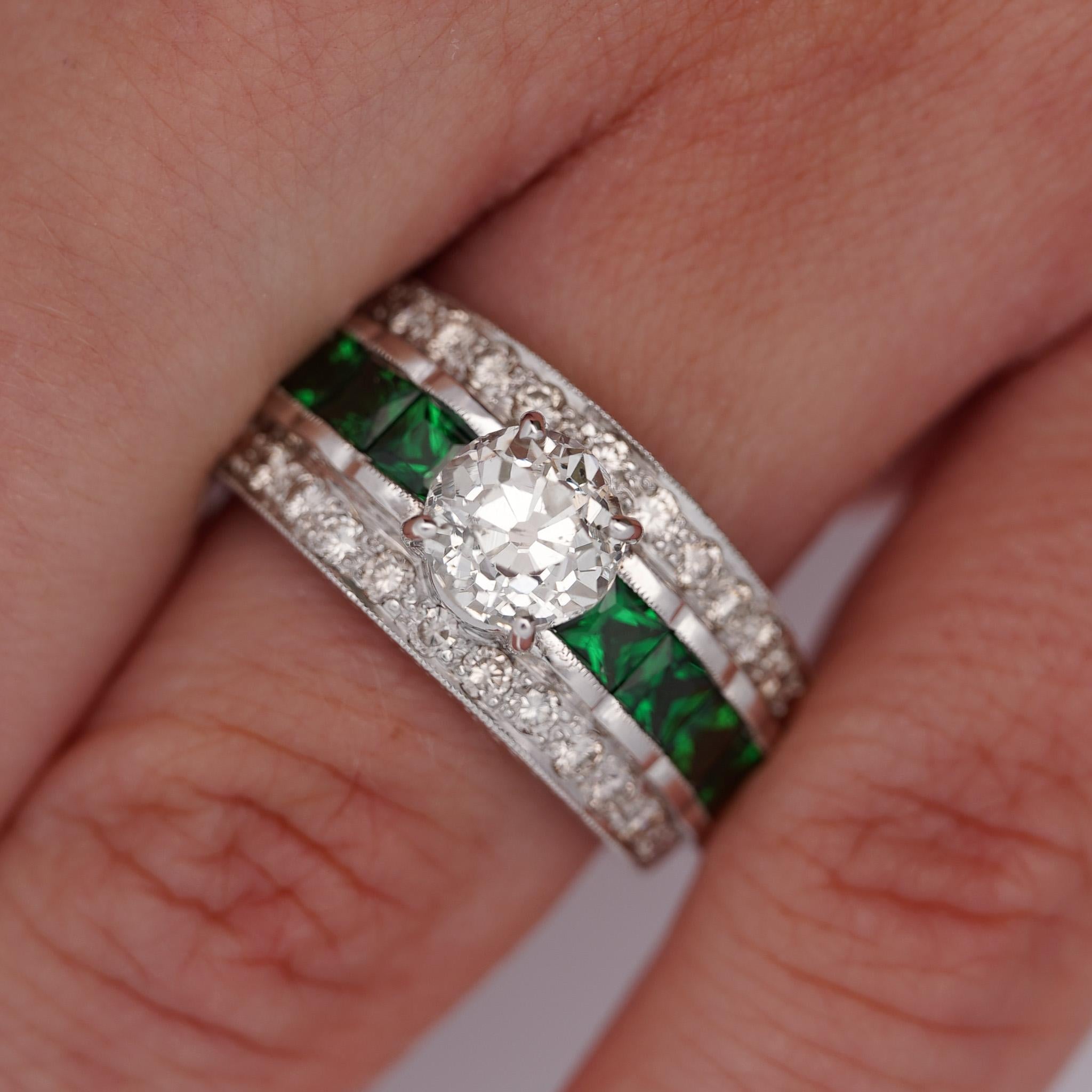 1.48 Carat Old Cut Diamond and Tsavorite Vintage Art Deco Filigree Ring
