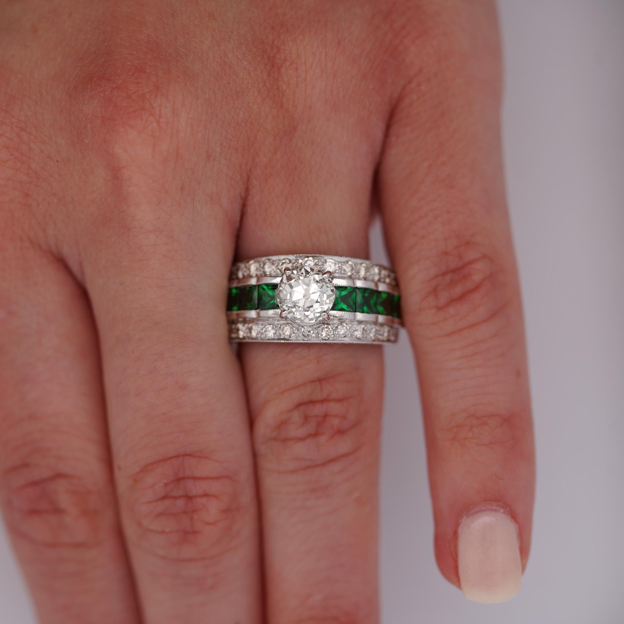 1.48 Carat Old Cut Diamond and Tsavorite Vintage Art Deco Filigree Ring