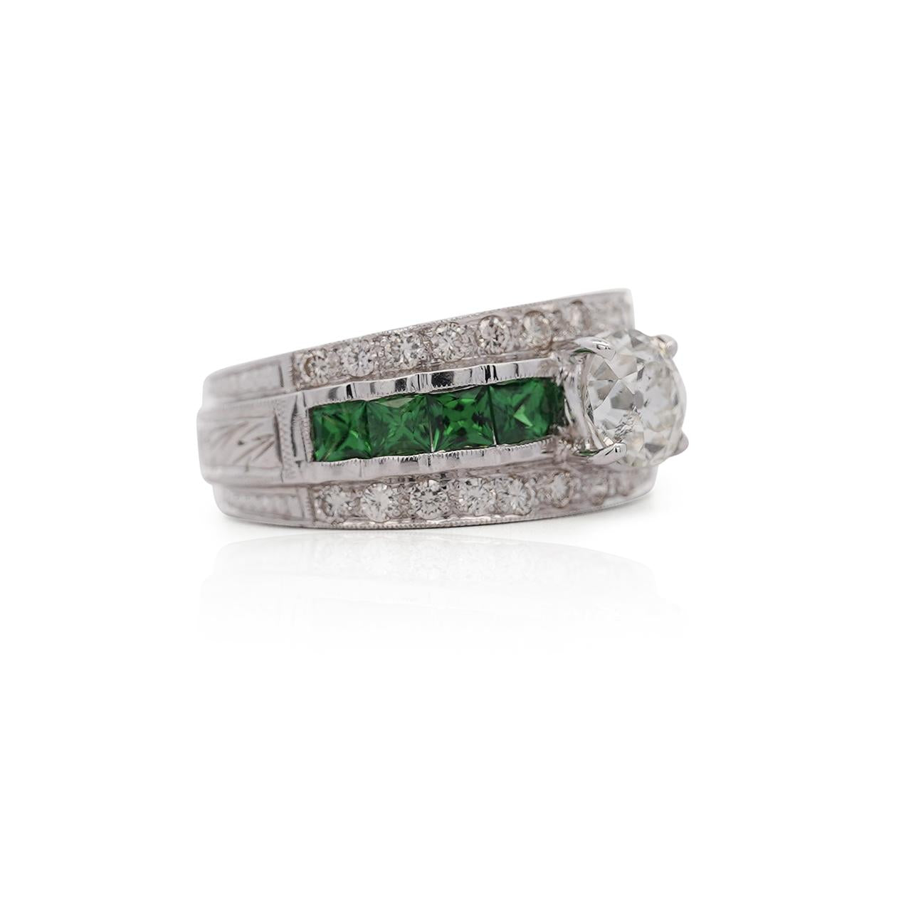 1.48 Carat Old Cut Diamond and Tsavorite Vintage Art Deco Filigree Ring