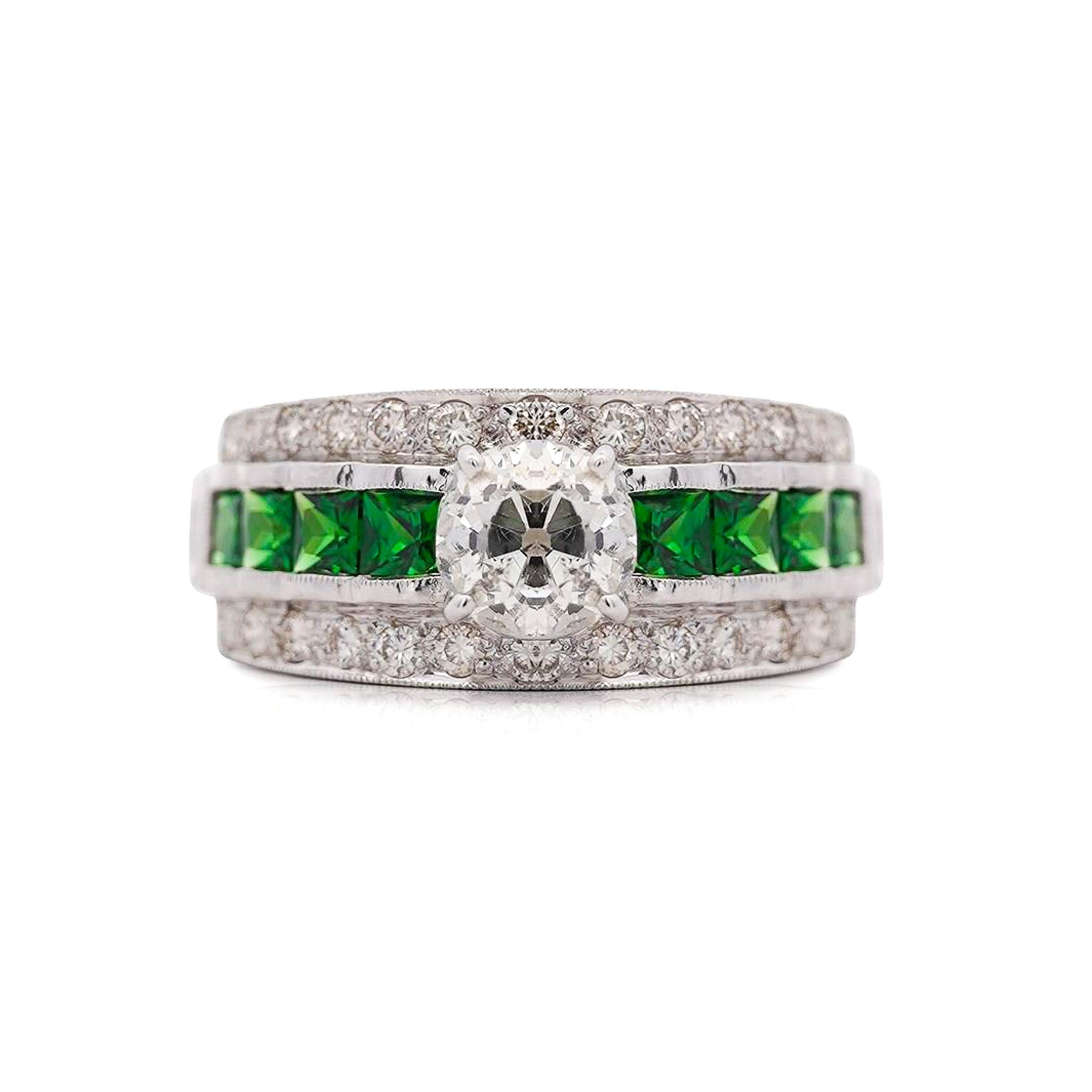 1.48 Carat Old Cut Diamond and Tsavorite Vintage Art Deco Filigree Ring