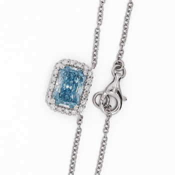 1.72 Carat Radiant Cut Blue Lab Diamond Halo 14K White Gold Pendant Necklace – Assay Jewelers