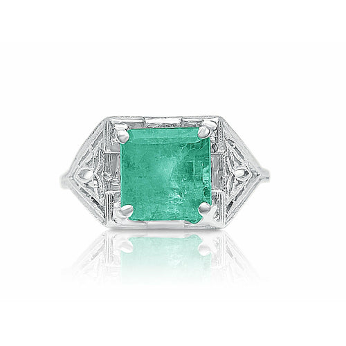 1.93 Carat Colombian Emerald set in Art Deco Platinum filigree ring