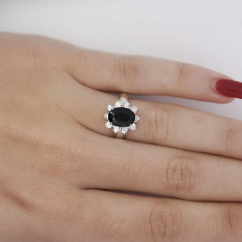 2 Carat Oval Cut Blue Sapphire & Round Diamond Halo Setting Statement Ring – Assay Jewelers