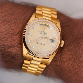 Rolex Day-Date 18038 Champagne Diamond Dial 18K Gold 36mm Circa 1978 Watch – Assay Jewelers