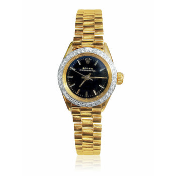 26mm Rolex Oyster Perpetual Black Face and Diamond Bezel Rolex in 18k Gold – Assay Jewelers