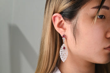 27.48 Carat Carved Grade A Lavender Jade Drop Earrings with Rubies & Diamonds – Assay Jewelers
