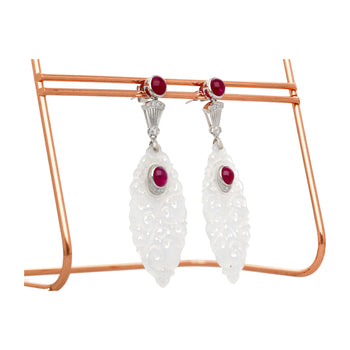 27.48 Carat Carved Grade A Lavender Jade Drop Earrings with Rubies & Diamonds – Assay Jewelers