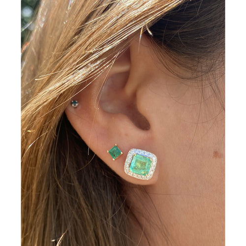 2.08 Carat Natural Colombian Emerald Stud Earrings with Diamond Halo in 18k Solid Gold