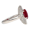 2.19 Carat Oval Cut Ruby and Baguette Diamond Halo Platinum Ballerina Ring