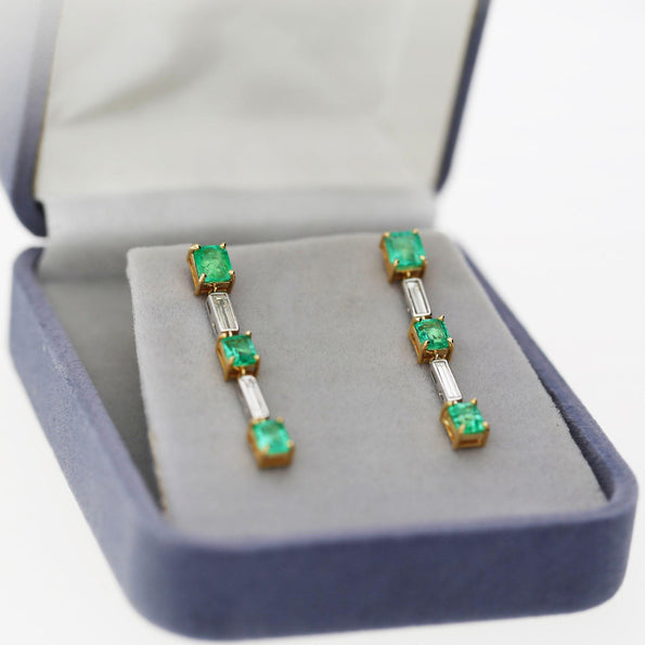 2.31 Carat Emerald & Baguette Diamond 18K Gold Drop Earrings
