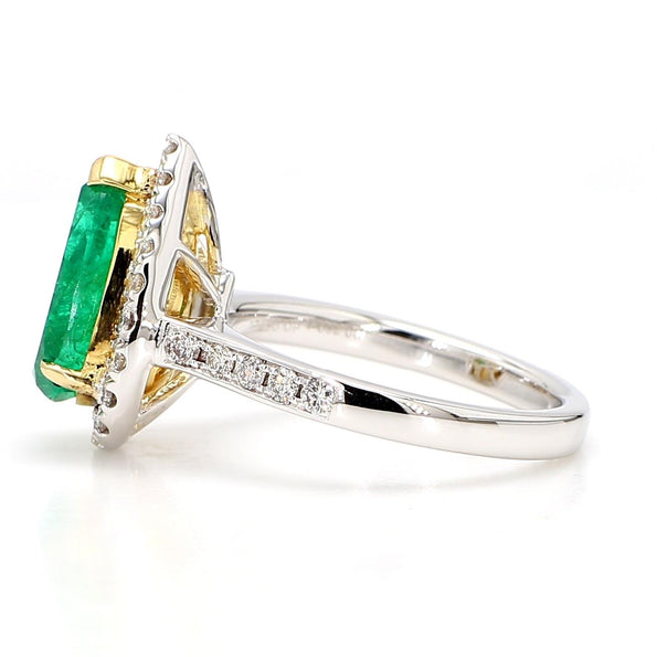 2.89 Carat Pear Vivid Green Emerald & Diamond Halo 18K Gold Halo Ring