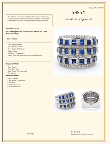 3 carats Saphir et Diamant en or blanc 18 carats, large Bague à 3 rangs – Assay Jewelers