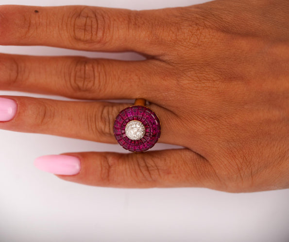 3 Carat Square Ruby and Diamond 18K Gold Button Cocktail Ring