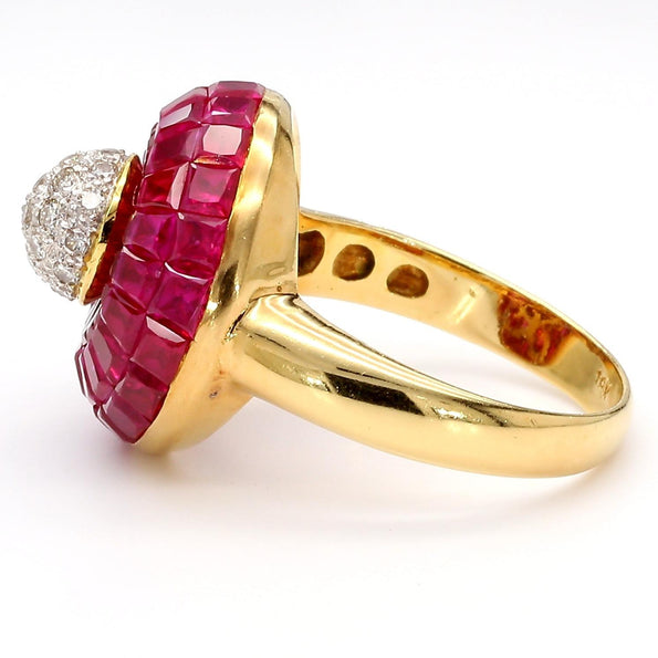 3 Carat Square Ruby and Diamond 18K Gold Button Cocktail Ring