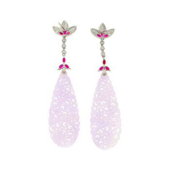 33 Carat Carved Lavender Jadeite Jade Drop Earrings With Rubies & Diamonds – Assay Jewelers