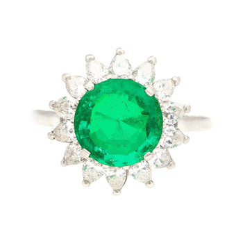 Bague halo en platine avec émeraude colombienne taille ronde vert vif et diamants, 3.02 Carat – Assay Jewelers