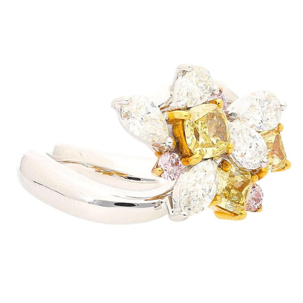 3.07 Carat Yellow Cushion Pink White Diamond in Platinum 18K Gold Cluster Ring