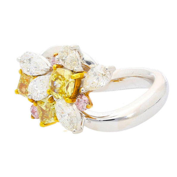 3.07 Carat Yellow Cushion Pink White Diamond in Platinum 18K Gold Cluster Ring
