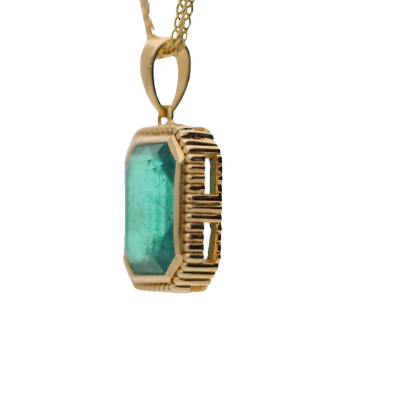 3.47 Carat Emerald Cut Emerald Milgrain Bezel 18K Yellow Gold Pendant Necklace