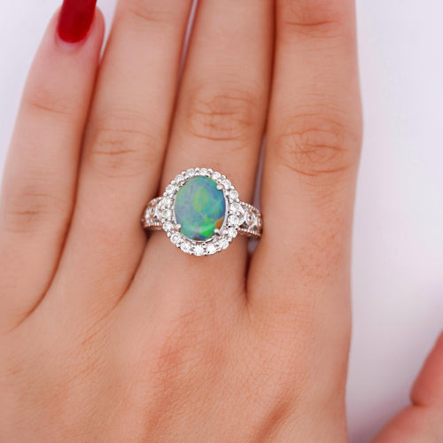 3.50 Carat Black Opal & Diamond Halo Platinum Filigree Ring