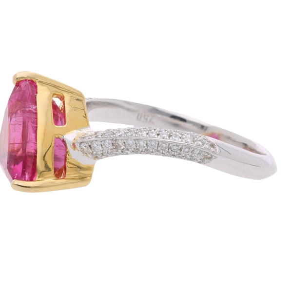 3.54 Carat Trilliant Rubellite Pink Tourmaline & Diamond 18K Two Tone Gold Ring