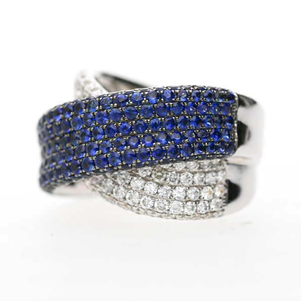 3.72 Carat Blue Sapphire & Diamond Pave 18K Crossover Band Ring