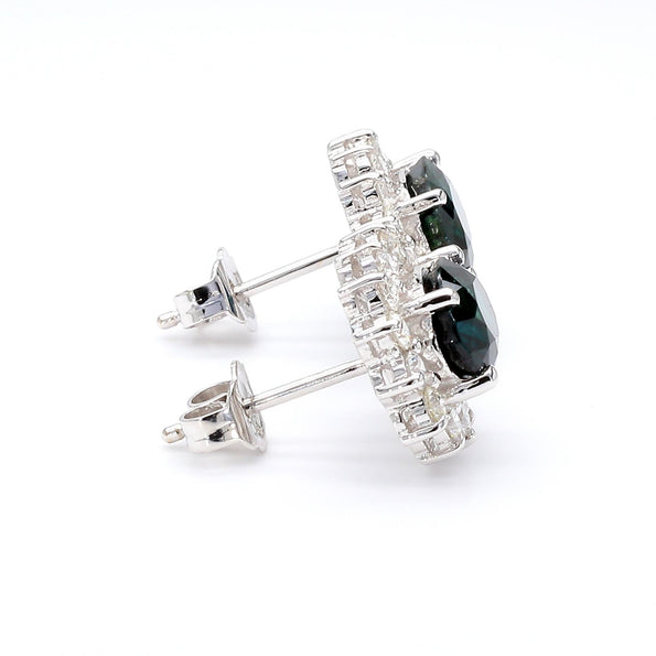 3.75 Carat Oval Blue Sapphire & 0.83 Carat Diamond Halo 18K White Gold Earrings