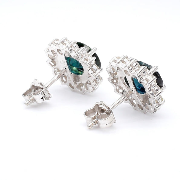 3.75 Carat Oval Blue Sapphire & 0.83 Carat Diamond Halo 18K White Gold Earrings