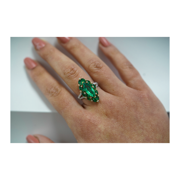3.89 Carat Marquise Cut Colombian Emerald and Diamond 18K Ring