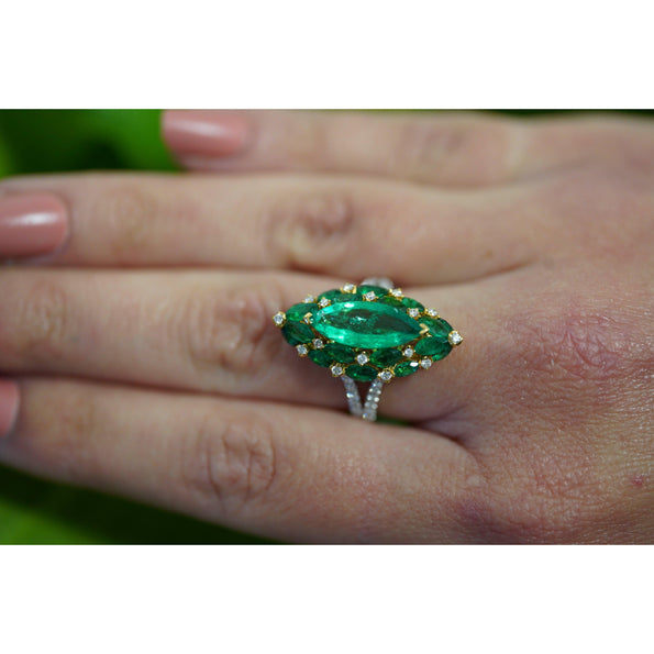3.89 Carat Marquise Cut Colombian Emerald and Diamond 18K Ring