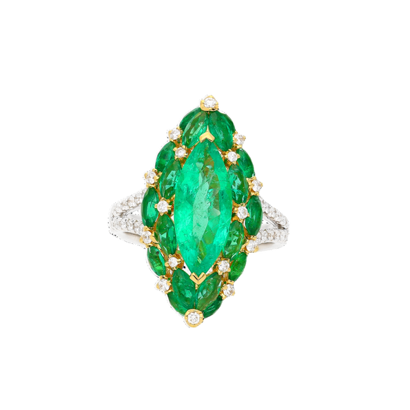 3.89 Carat Marquise Cut Colombian Emerald and Diamond 18K Ring