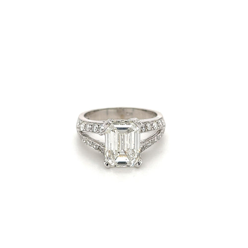 SI1 Emerald Cut Lab Diamond In Split Shank Diamond Side Stone 14K White Gold Ring