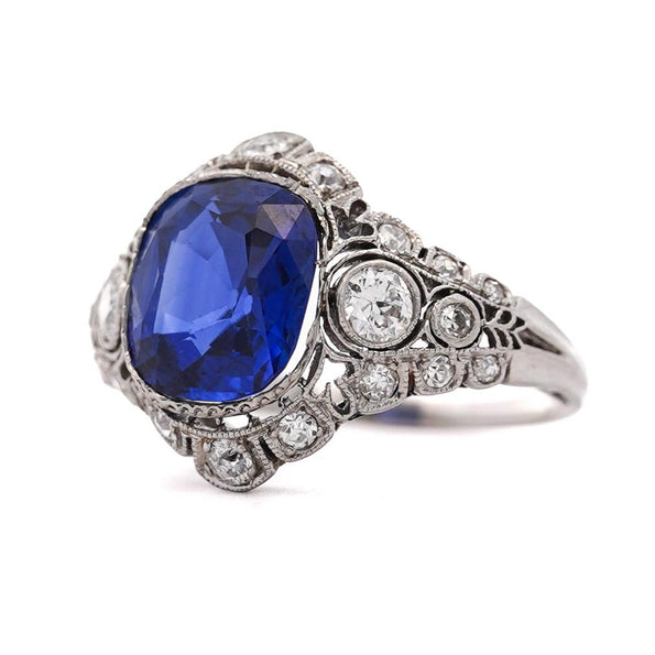 4.02 Carat No Heat Ceylon Sapphire In Platinum Art Deco Ring