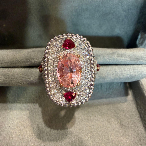 4.05 Carat Padparadscha Sapphire No Heat Sri Lanka With Ruby and Diamond Ring