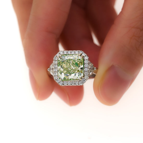4.26 Carat Radiant Cut Fancy Yellowish Green SI1 Clarity Diamond Ring
