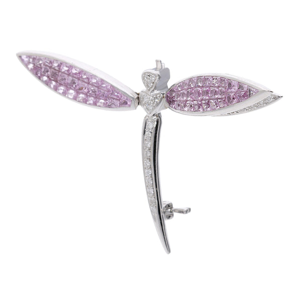 4.29 Carat Pink Sapphire & Diamond 18K White Gold Dragonfly Brooch Pin Pendant