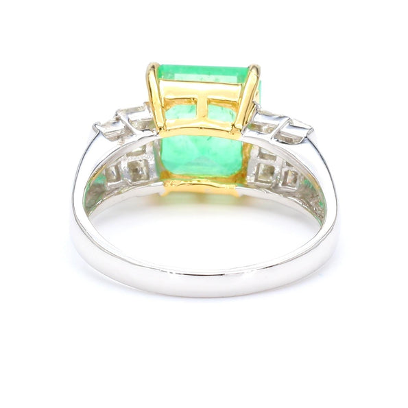 4.39 Carat Emerald Cut Green Emerald & Princess Cut Diamond 18K Two Tone Ring