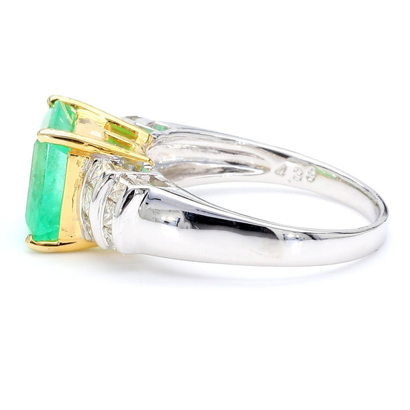 4.39 Carat Emerald Cut Green Emerald & Princess Cut Diamond 18K Two Tone Ring
