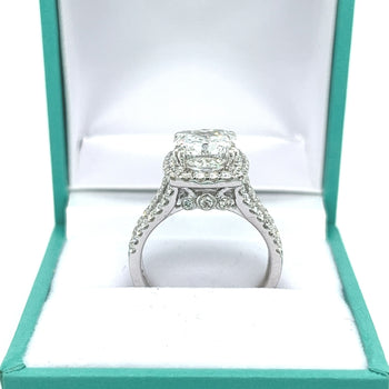4.44 Carat F/VVS2 Cushion Cut Lab Grown Diamond in 3 Row Split Shank Diamond Halo Ring – Assay Jewelers