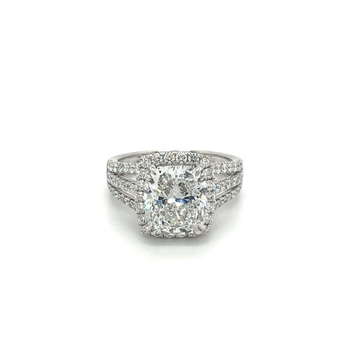 VVS2 Cushion Cut Lab Grown Diamond in 3 Row Split Shank Diamond Halo Ring