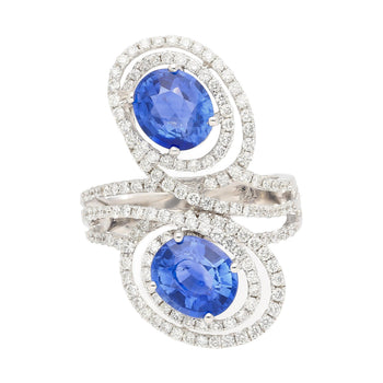 Bague tourbillon verticale pavée à deux pierres en saphir bleu ovale de 4,51 carats et diamant – Assay Jewelers