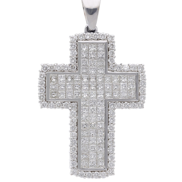 4.52 Carat Princess & Round Diamond 18K White Gold Pave Cross Pendant Necklace