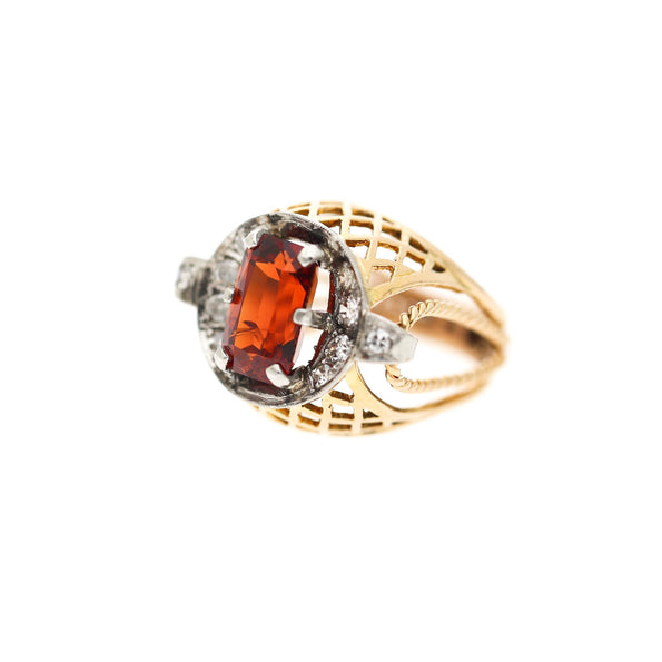4.65 Carat Spessartine Garnet Diamond Lattice Wide Band 18K Two Tone Gold Ring