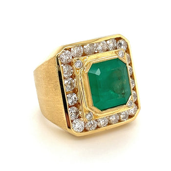 Bague homme émeraude 5 carats avec halo de diamants ronds en or jaune 18 carats – Assay Jewelers