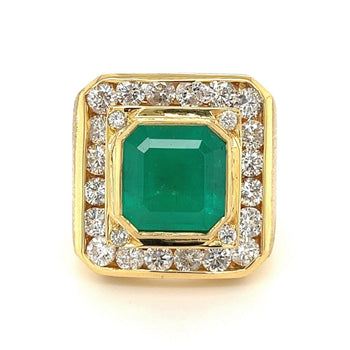 Bague homme émeraude 5 carats avec halo de diamants ronds en or jaune 18k – Assay Jewelers