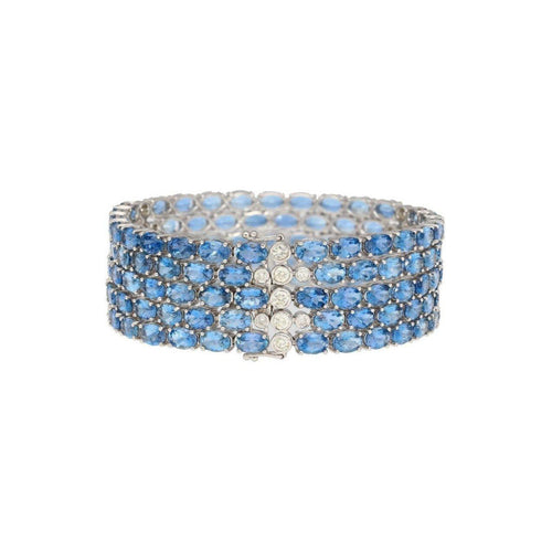 53 Carat Oval Cut Aquamarine and Diamond Multi Row Tennis Bracelet in 18K White Gold