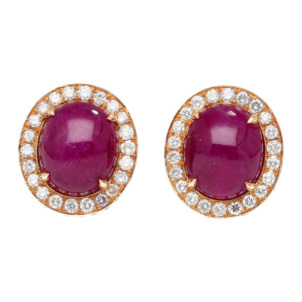 57.95 Carat Cabochon Cut Deep Pink Ruby & Diamond Halo Earrings & Necklace Set